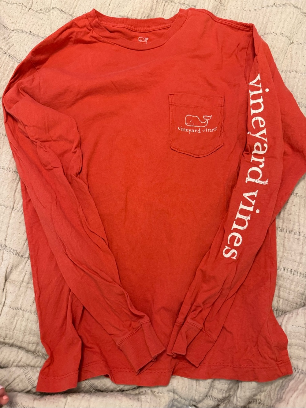 Vineyard Vines Long-Sleeve Pocket Tee in Coral Red with Sleeve Logo